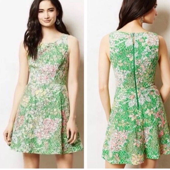 Maeve Anthropologie Verbena Lace Overlay Dress Lime Green Sequin Mini Sz 12 - Picture 1 of 13